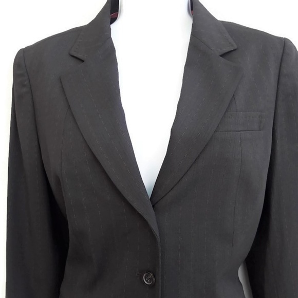 Elie Tahari Career Blazer Brown Pin Stripe Satin Trim 2 Flap Pockets 10 - Picture 3 of 8